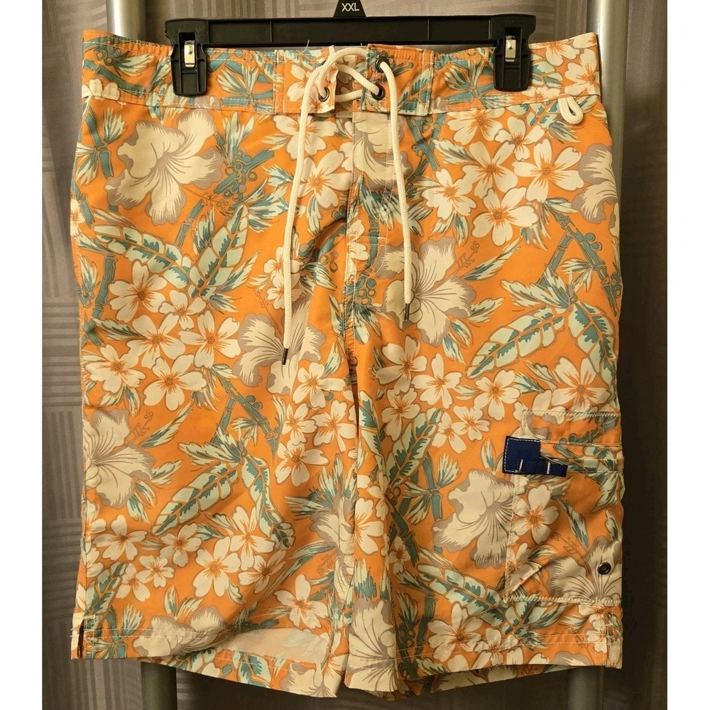 Lands End Swim Trunks Mens Med Orange White Tropical Floral Mesh Brief Inseam 9"